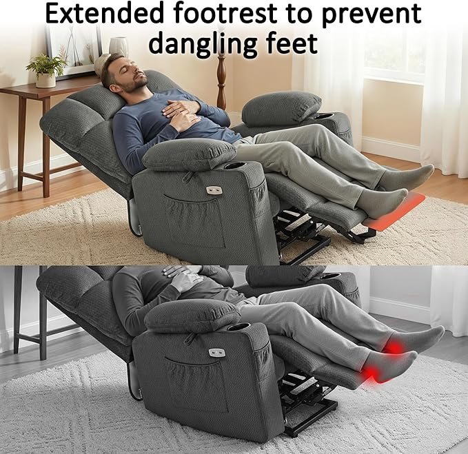 MCombo Dual Motor Power Lift Recliner Chair with Massage and Heat for Elderly People, Infinite Position, USB Ports, Cup Holders, Fabric 7679 (Medium, Grey)