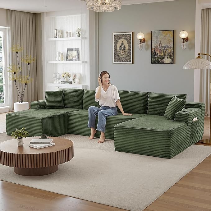 134''Oversized Modular Sectional Sofa Boneless Cloud Couch with Chaise Comfy Sectional Couches for Living Room,Bedroom,Apartment (Green, 134''W U-Shaped)