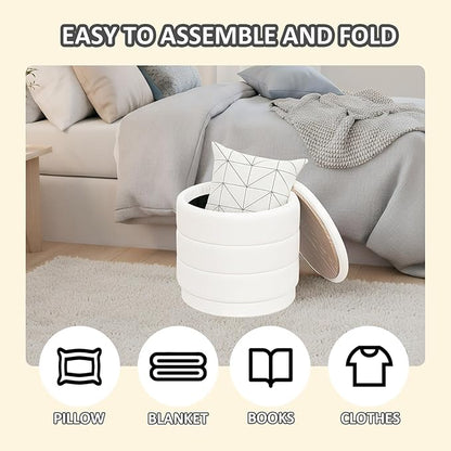PINPLUS Round Velvet Ottoman Tray, White Upholstered Decorative Accent for Footstool or Coffee Table, Removable Serving Surface