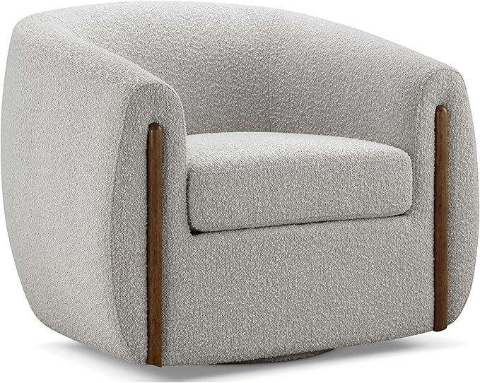 CHERS Aspen Swivel Accent Chair with Wood Accents, Bouclé Upholstered Armchair for Living Room, 360° Swivel Barrel Chair with High-Density Cozy Foam Cushioning, Modern Design, Light Gray