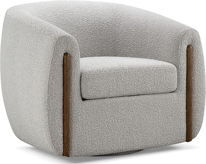 CHERS Aspen Swivel Accent Chair with Wood Accents, Bouclé Upholstered Armchair for Living Room, 360° Swivel Barrel Chair with High-Density Cozy Foam Cushioning, Modern Design, Light Gray