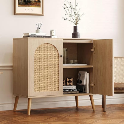 Rattan Storage Cabinet, 2-Door Boho Sideboard in Oak, Adjustable Shelf, Elegant Rattan Buffet Cabinet with Storage for Stylish Home Organization 31.5" Oak Set 2