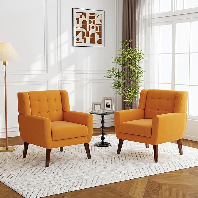 Accent Chairs Set of 2, Modern Fabric Armchairs for Living Room, Comfy Upholstered Arm Chairs Tufted for Indoor Bedroom Office Room (Orange)