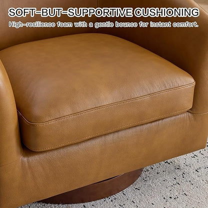 AEDI Genuine Leather Swivel Accent Chair with Solid Wood Base, Upholstered Barrel Armchair for Living Room, Modern Small Club Chair,Genuine Leather,Camel