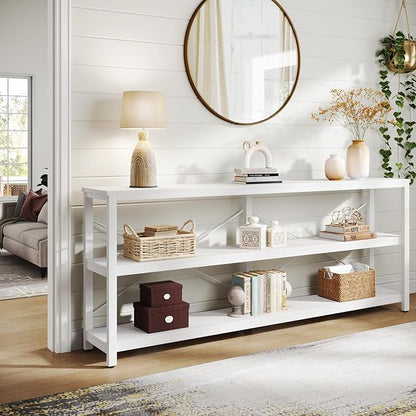 Tribesigns 70.9-Inch Extra Long Console Table, 3-Tier Industrial Sofa Table with Metal Frame, Modern Behind Couch Table with Storage Shelves for Living Room Entryway Hallway Foyer (White)