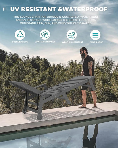 SERWALL Patio Chaise Lounge Chair Set of 2, 78'' Long 5-Positions Adjustable HDPE Outdoor Lounger for Pool, Poly Lounge Chair with Rolling Wheels & Cup Holder for Poolside, Deck, Slate Gray