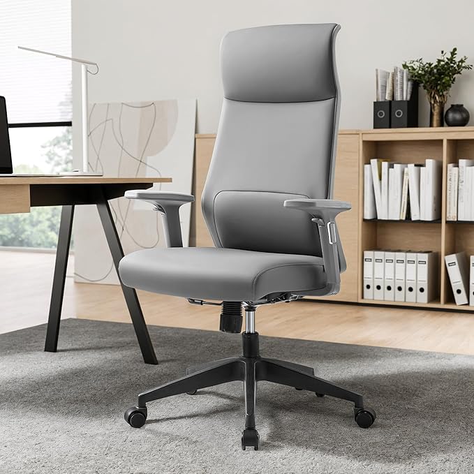 EUREKA ERGONOMIC Valen Leather Desk Chair, High Back Office Chair, Microfiber PU Leather Office Chair with Wheels, Executive Office Chair Comfy for Samll Spaces, Grey
