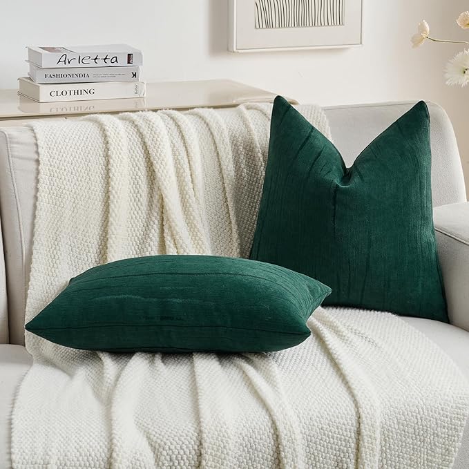 FUTEI Dark Green Chenille Decorative Throw Pillow Covers 18x18 Inch Set of 2,Soft Embossed Striped Textured Cushion Case,Modern Home Decor for Couch Bed Living Room