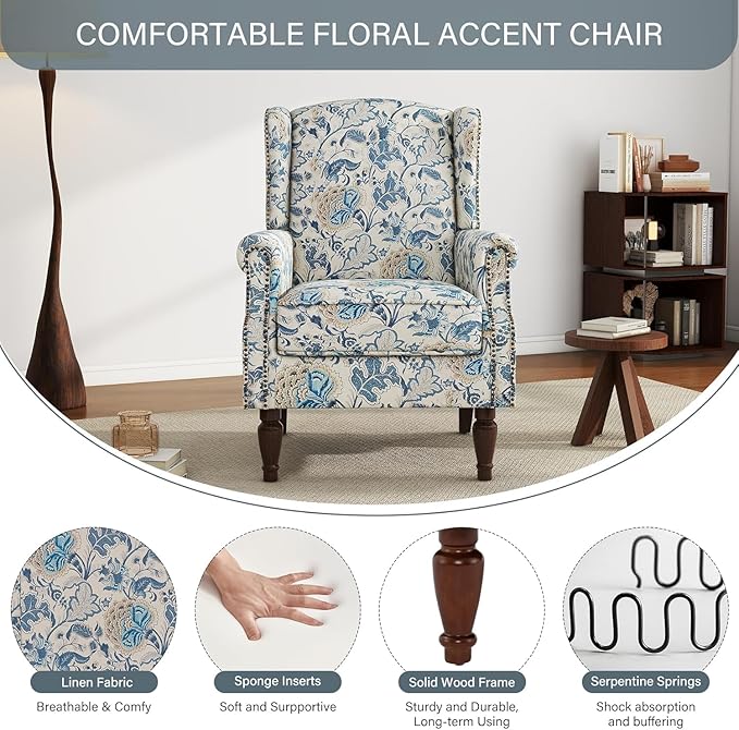 UIXE High Back Floral Accent Chair, Fabric Upholstered Armchair Wingback Arm Chair for Living Room, Nailhead Trim Single Sofa Bedroom Side Reading Seat with Retro Solid Wood Legs - Boho Blue