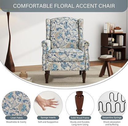UIXE High Back Floral Accent Chair, Fabric Upholstered Armchair Wingback Arm Chair for Living Room, Nailhead Trim Single Sofa Bedroom Side Reading Seat with Retro Solid Wood Legs - Boho Blue