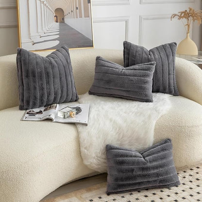 Pack of 2 Faux Fur Throw Pillow Covers 24x24 Inch Striped Decorative Soft Plush Couch Pillow Case Home Decor for Bed, Sofa, Living Room Darkgrey