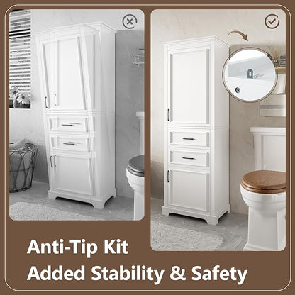 Tall Freestanding Storage Cabinet with 2 Doors & 2 Drawers, Multi-Purpose Organizer with Adjustable Shelf for Bathroom, Office, Living Room, White
