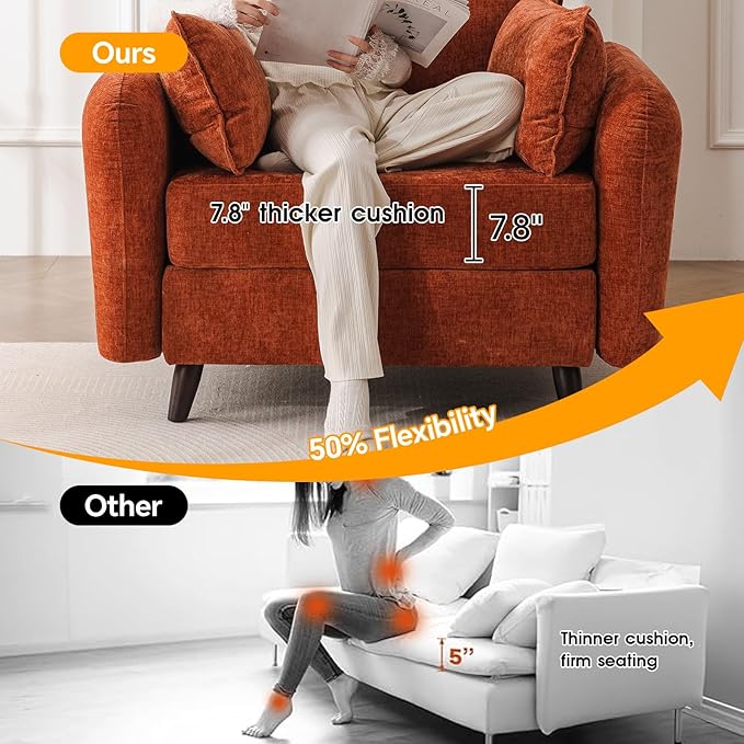 Oversized Accent Chair with All Seats Storage,Comfy Living Room Chairs with 2 Throw Pillow,Upholstered Mid-Century Armchair,24.5'' Deep Seat,Reading Chair for Bedroom,Office,Chenille,Orange