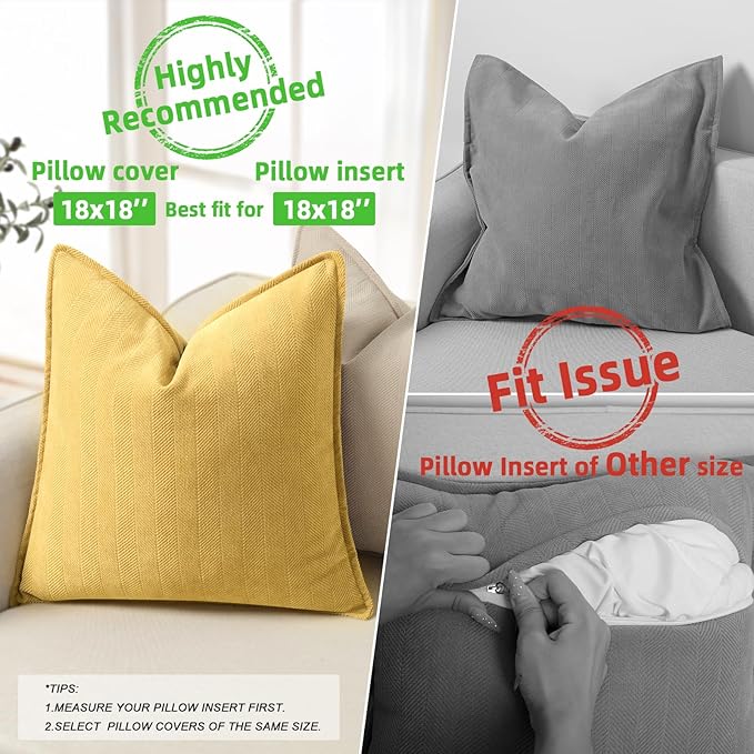 ZWJD Yellow Pillow Covers 18x18 Set of 2 Chenille Throw Pillow Covers with Elegant Design Soft and Luxurious Decorative Throw Pillows for Couch, Bed, and Home Decor