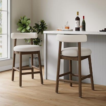Christopher Knight Home Annes Counter Height Bar Stools Set of 2, Linen Fabric Round Bar Stool for Kitchen Island, Wooden Dining Room Chair, Counter Stool with Footrest, Walnut+Milky White