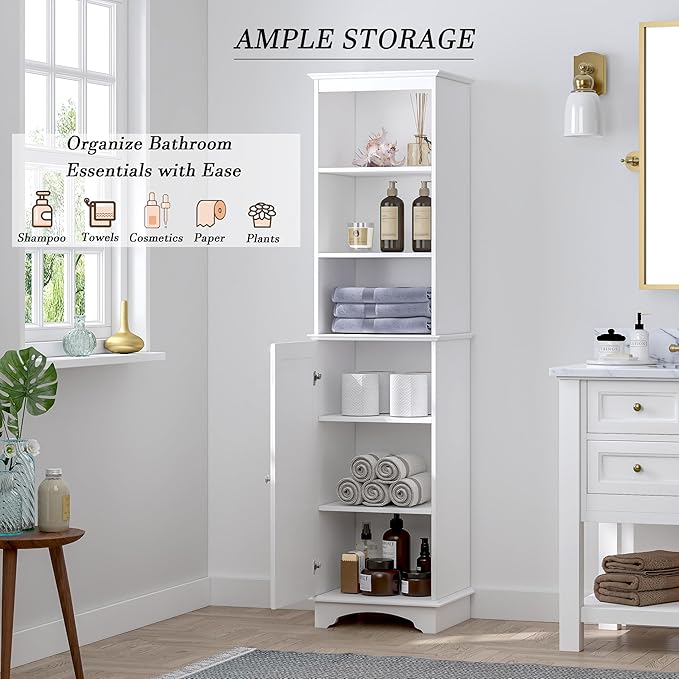 Spirich Home Freestanding Storage Cabinet with Three Tier Shelves, Tall Slim Cabinet, Free Standing Linen Tower, White