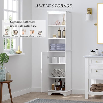Spirich Home Freestanding Storage Cabinet with Three Tier Shelves, Tall Slim Cabinet, Free Standing Linen Tower, White