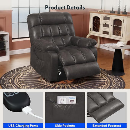 FLEXISPOT XL51 Dual OKIN Motor Power Lift Recliner Chair for Elderly, Lay Flat Electric Recliner with Massage & Heat, USB Ports, Faux Leather Reclining Sofa for Living Room Bedroom, Black