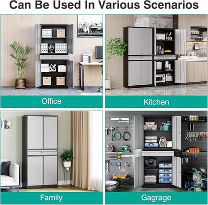 Metal Garage Storage Cabinet with Doors and Shelves, Lock, Drawer - 71" Lockable Steel Cabinet for Home, Office