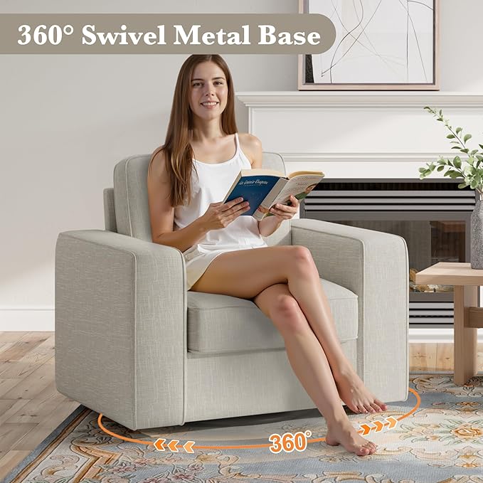 360 Degree Rotation Swivel Accent Sofa Chairs, 36'' Width Oversized Armchairs 1 pcs Linen Living Room,Reading-Khaki