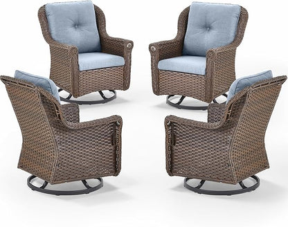 Patio Chairs Outdoor Swivel Glider - Set of 4 High Back Outside Brown Wicker Rattan Rocking Chair with Thick Cushion for Porch Apartment Deck Yard Poolside Garden - Baby Blue