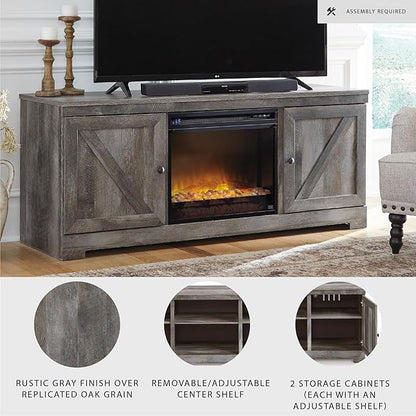 Signature Design by Ashley Wynnlow Farmhouse 63" TV Stand for TVs up to 72" with Electric Fireplace, Light Gray