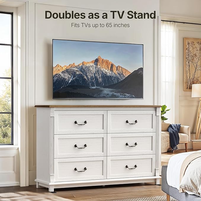 Amada 6 Drawers Dresser for Bedroom, Farmhouse 47" Wide Dresser & Chest of Drawers with Roman Column Design, Large Storage Organizer with 6 Drawer Sizes for Bedroom, Living Room
