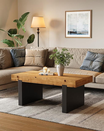 LITTLE TREE Solid Wood Coffee Table, 47.2" Center Table for Living Room, Black and Wood Two-Tone Modern Coffee Table, Rectangle Farmhouse Living Room Table for Bedroom, Easy Assembly, Rustic Natural