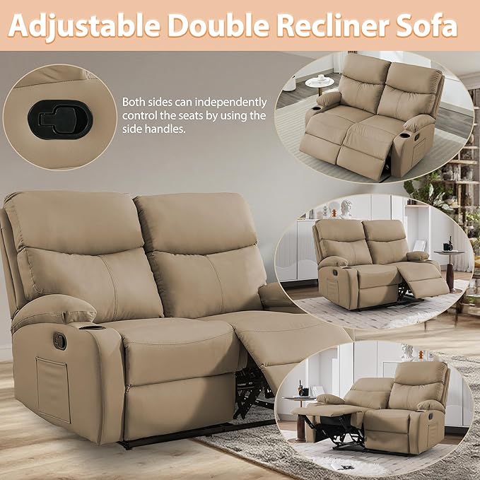 Manual Reclining Loveseat Anti-Scratch Loveseat Recliner Sofa with Side Pocket and Cupholders Wall Hugger 2 Seat Reclining Sofa Chair for RV Living Room Meeting Room Bedroom Apartment