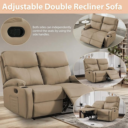 Manual Reclining Loveseat Anti-Scratch Loveseat Recliner Sofa with Side Pocket and Cupholders Wall Hugger 2 Seat Reclining Sofa Chair for RV Living Room Meeting Room Bedroom Apartment