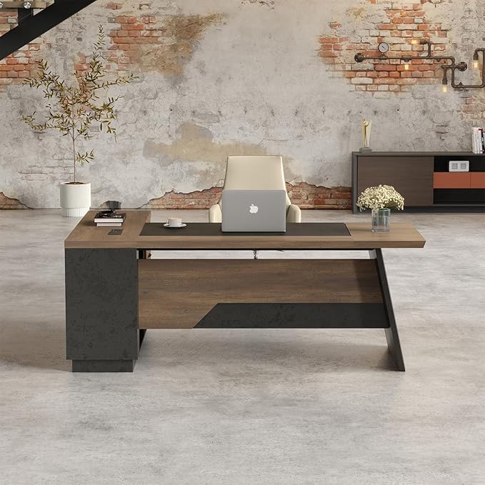 L Shape Executive Desk, Large Office Desk with Drawers & Shelves, 78.74 Inches Industrial Wooden Desk with Storage, Modern Computer Desk for Home Office, Black and Brown, Right Side