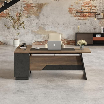 L Shape Executive Desk, Large Office Desk with Drawers & Shelves, 78.74 Inches Industrial Wooden Desk with Storage, Modern Computer Desk for Home Office, Black and Brown, Right Side