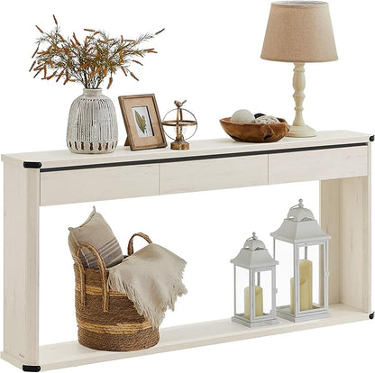 VASAGLE Console Table, 63 Inches Sofa Table, Narrow Entryway Table, Entry Table with 3 Drawers, Bottom Shelf, Metal Corners, for Living Room, Bedroom, Farmhouse Style, Rustic White ULNT146W73