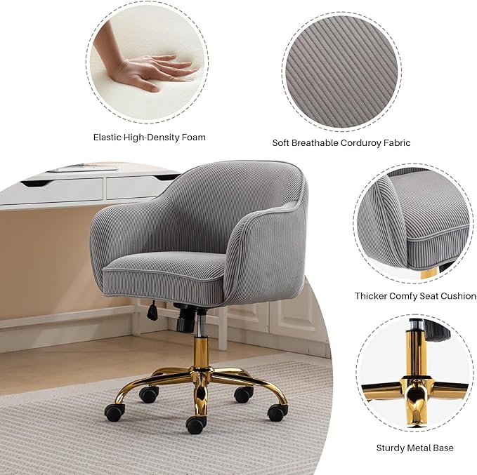Home Office Desk Chair with Arms Gold Wheels Modern Velvet Upholstered Rolling Computer Chair Mid-Back Ergonomic Adjustable Swivel Vanity Chair for Bedroom Study Office, Grey,Corduroy