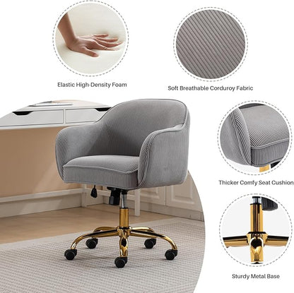 Home Office Desk Chair with Arms Gold Wheels Modern Velvet Upholstered Rolling Computer Chair Mid-Back Ergonomic Adjustable Swivel Vanity Chair for Bedroom Study Office, Grey,Corduroy