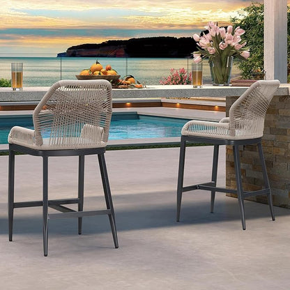 PURPLE LEAF 2 Pieces Counter Height Bar Stools Patio Boho Rattan Barstools Aluminum Woven Bar Chairs with Cushions for Outdoor Kitchen Island Garden