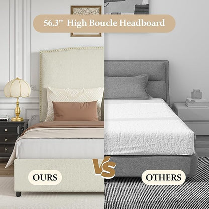 Full Size Bed Frame with Headboard, 56" Upholstered Platform Bed with Nailhead Trim, Soft Boucle Fabric, No Box Spring Needed, Easy Assembly, Cream