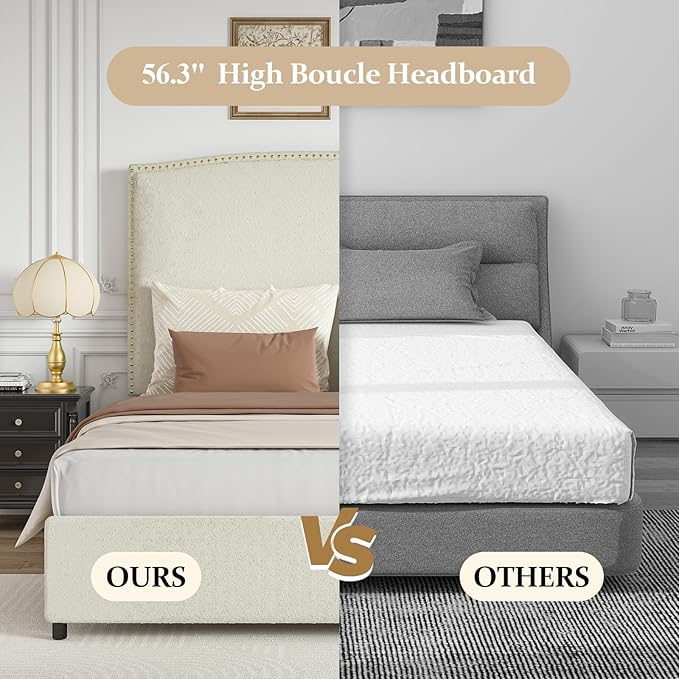 King Size Bed Frame with Upholstered Headboard, 56" Modern Platform Bed, Soft Boucle Fabric & Gold Nailhead Trim, No Box Spring Required, Cream