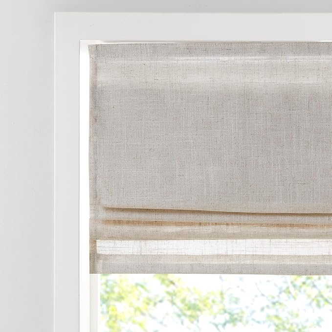 Madison Park Kyler Cordless Roman Shades - Single Panel, Lightweight Linen Blend Fabric, Natural Design, Easy Installation, Light Filtering Window Blind, Bedroom, Living Room Decor 34"W x 64"H Natural