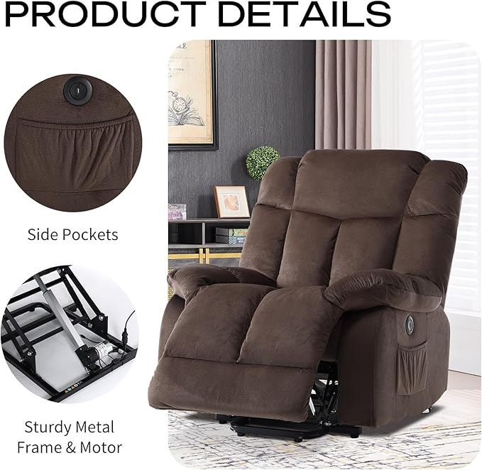 CANMOV Power Lift Electric Recliner Chair for Elderly- Heavy Duty and Safety Motion Reclining Mechanism-Antiskid Fabric Sofa for Living Room, Chocolate