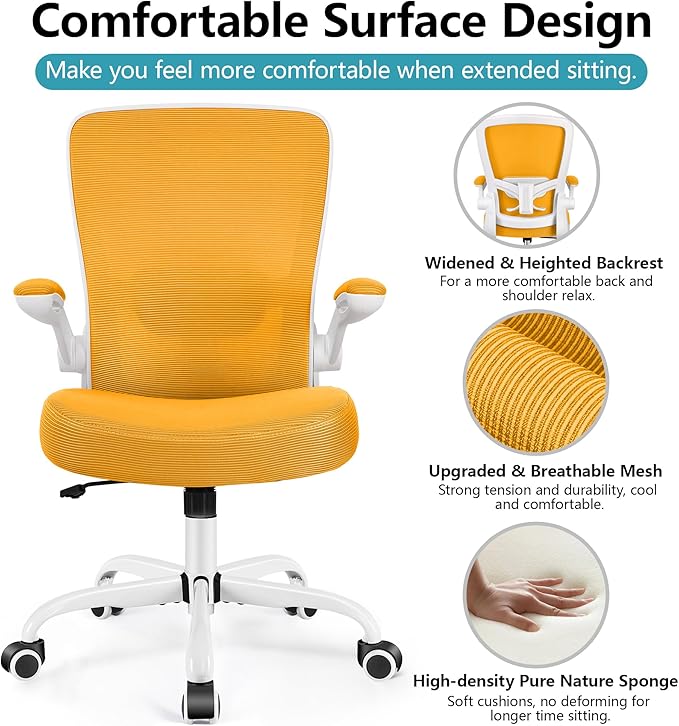 FelixKing Office Chair, Ergonomic Desk Chair Breathable Mesh Chairs Adjustable High Back Lumbar Support Flip-up Armrests, Executive Rolling Swivel Comfy Computer Chairs Home Office Yellow