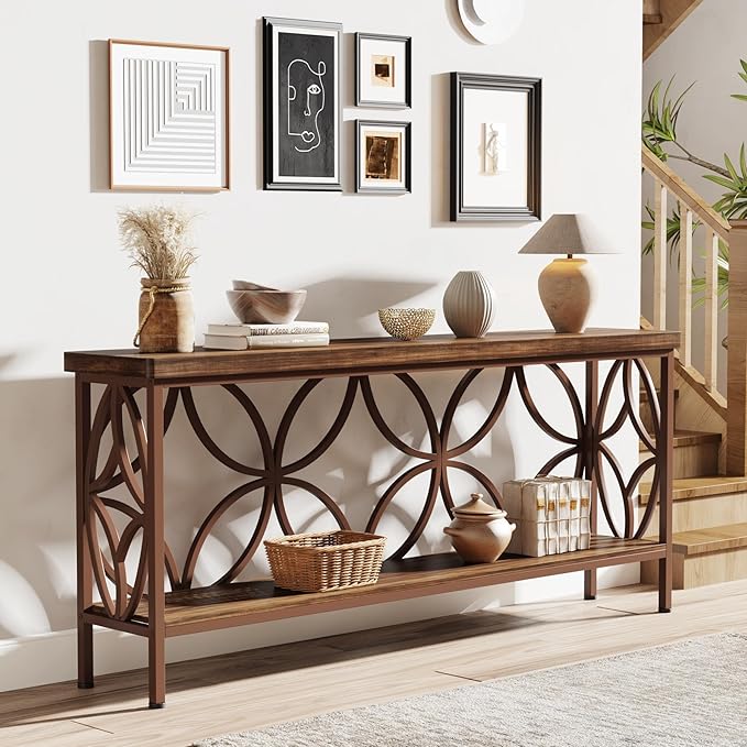 Tribesigns 70.9-Inch Narrow Sofa Table, Industrial Long Sofa Table Behind Couch, Entry Console Table with Storage for Entryway, Living Room, Foyer, Unique Design, Brown Matte