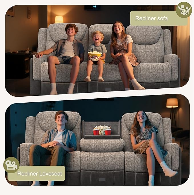Manual Reclining Sofa, Flip Middle Backrest 2-in-1 Couch with Large Storage Drawer, USB Ports & Cup Holders, Grey Linen & Chocolate Leather Living Room Loveseat Recliner Sofa, Grey