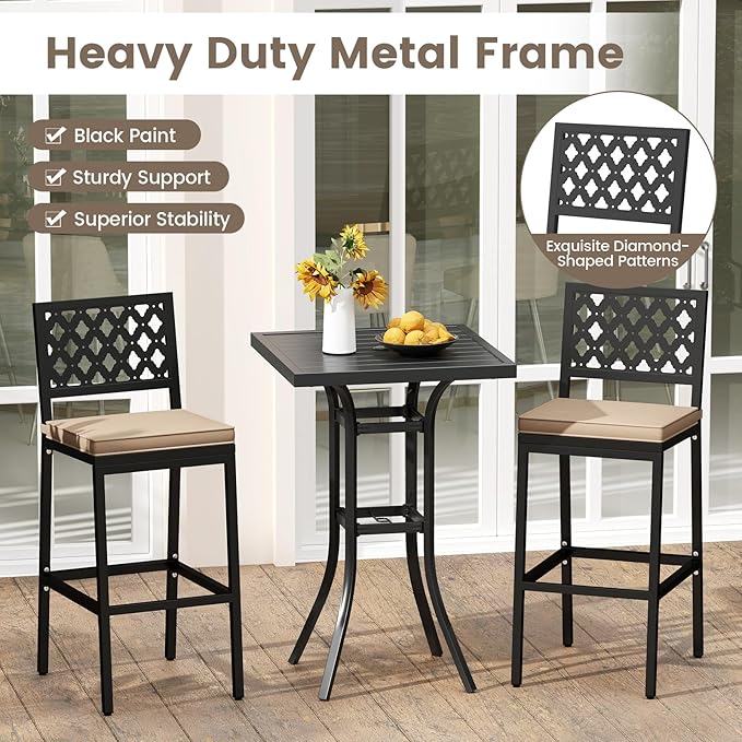 COSTWAY Outdoor Bar Chairs Set of 2, Armless Heavy-Duty Metal Frame Counter Height Chairs with Removable Cushions, Footrest, Ergonomic Backrest, Upholstered Barstools for Patio, Poolside, Backyard