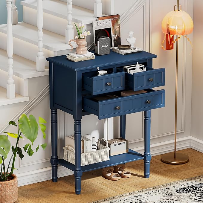 Knocbel Slim Antique Entry Console Table with 3 Drawers & Bottom Open Shelf, Solid Wood Narrow Sofa Couch Table for Entryway Hallway Living Room 23.7" W x 13" D x 31.4" H Navy Blue