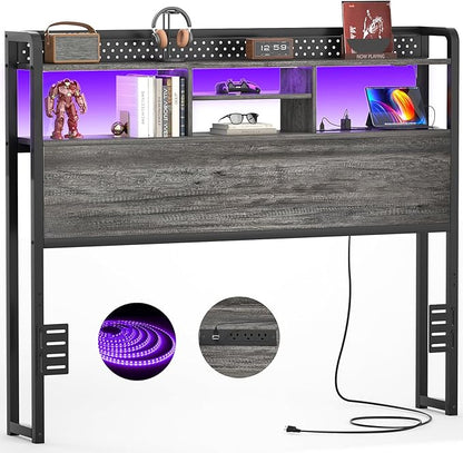 Unikito Headboard for Full Size Bed with Storage Shelf, Head Board with 3 Outlets and 2 USB Ports, Headboards with RGB LED Light, Height Adjustable, Sturdy and Stable, Easy Assembly,Black Oak