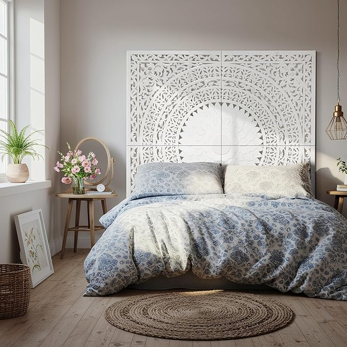 Wood Headboard Rustic | Carved Full Headboard Only | Wooden Headboard Full Size Bed | Wall Mount Headboard King or Queen | Full Bed Headboard Panels (Seruni White, California King)