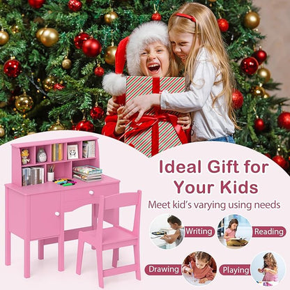 Costzon Kids Desk and Chair Set, Wooden Children Study Desk w/Hutch, Large Cabinet and Drawer for Home School Writing, Reading & Drawing, Computer Workstation Student Table and Chair for 3+ (Pink)