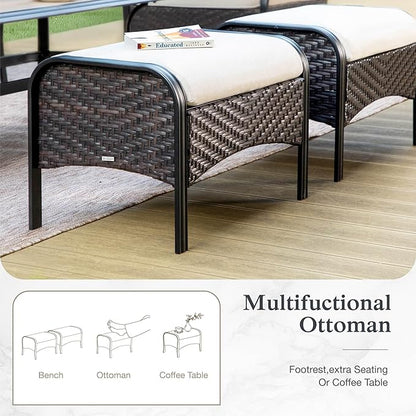 MFSTUDIO Outdoor Patio Furniture Set, Rattan Wicker Patio Sectional, Metal Outdoor Conversation Set with 3-Seat Sofa, 2 x Ottoman