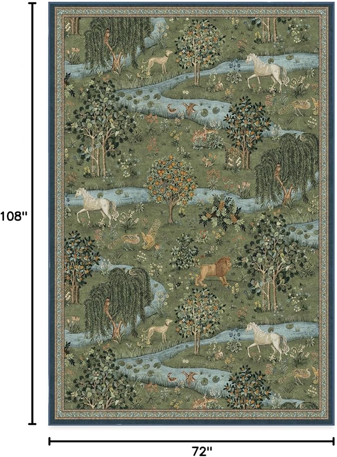 RUGGABLE x Morris & Co Washable Area Rug – Owl & Willow Green 6x9, Stain-Resistant, Non-Slip – Medium Machine Washable Rugs for Living Room, Bedroom, Hallway, Entryway & Office–with Standard Pad